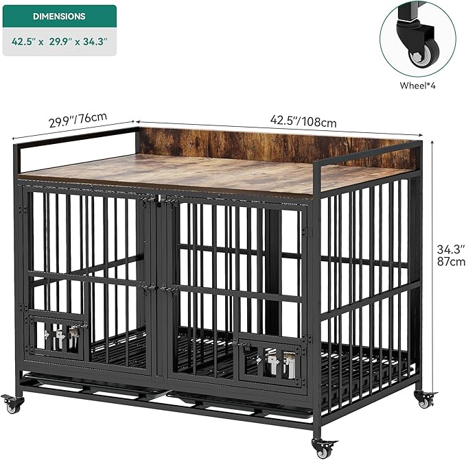 YITAHOME 42.5'' Heavy Duty Dog Crate with Removable Divider, Double Doors & Locks Design, Furniture Style Large Dog Crate with 360° Rotatable Dog Bowls & 360° Wheels & 2 Trays for Small/Medium Dog