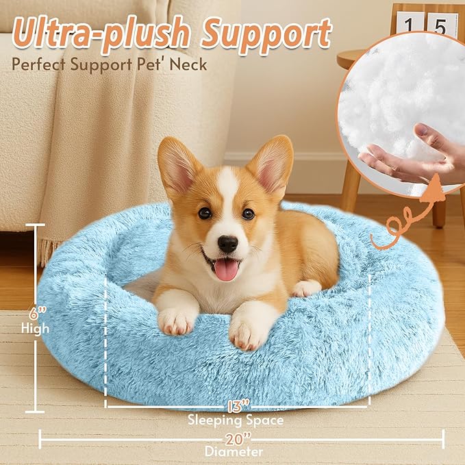 JOLLYVOGUE Calming Dog & Cat Bed for Small Dogs, Anti-Anxiety Donut Cuddler Cozy Soft Round Bed with Anti-Slip Bottom, Fluffy Faux Fur Plush Cushion Beds for Small Medium Pets (20")