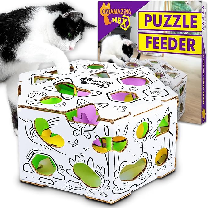 HEX โ Interactive Cat Treat Puzzle Box & Puzzle Feeder โ Treat Maze Box for Indoor Cats โ Enrichment Food Dispenser Toy!
