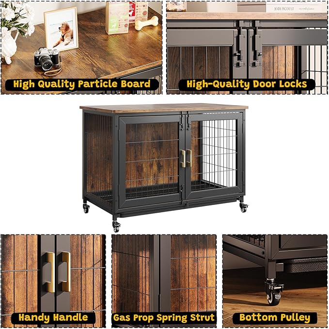 37.4" L Wooden Dog Crate Furniture for Small-Medium-Large Dogs, Escape-Proof Decorative Dog Crates for Anxious Dogs, Rustic Kennel with Lockable Wheels & Pull-Out Tray, Dog Kennel Indoor