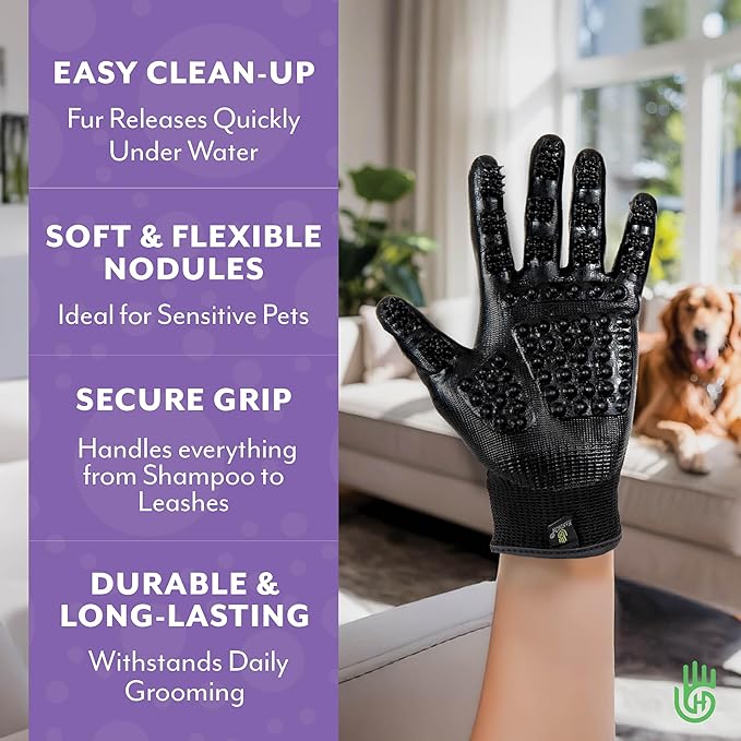 HandsOn Pet Grooming Gloves - #1 Ranked, Award Winning Shedding, Bathing, & Hair Remover Gloves for Cats, Dogs, and Horses (Green / Black, Medium)