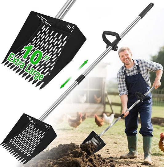 2-in-1 Chicken Poop Scooper & Rake - Adjustable Chicken Coop Scoop with Handle(39、53、67 in),Stainless Steel Shovel Head- Litter Scooper Sand & Sifting Shovel for Chicken Coops