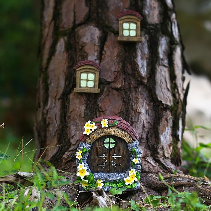 Attivolife Fairy Door and Window for Tree Glow in The Dark - Outdoor Miniature Fairy Garden Decor Weatherproof Resin Treehouse Yard Art Accessories Sculpture for Tree Trunks Fairy House Kit for Gnome