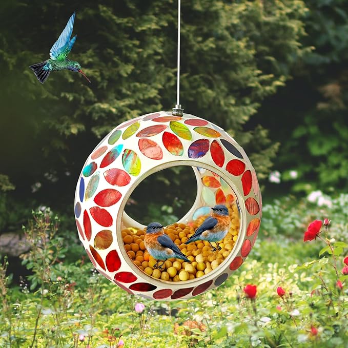 Bird Feeder Mosaic Fly Through Bird Feeder for Outside Hanging with Round Shape Glass Feeders to Attract Wild Birds for Garden, Deck, Yard, Backyard and Porch Decor, 7-Inch