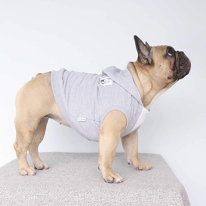 iChoue 100% Breathable Cotton Dog Hoodies Clothes for French Bulldog Sweatshirts Sweaters Frenchie Pug English Medium Dogs - Grey, Large Plus