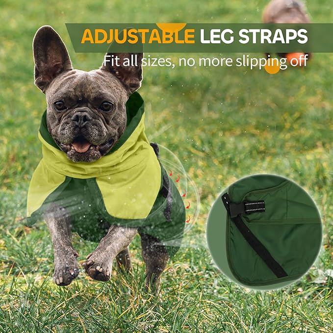 Dog Raincoat Waterproof Reflective Rain Coat with Adjustable Belly Strap & Leg Straps, Hooded Dog Rain Jacket with Leash Hole, Windproof Puppy Rain Gear for Small Medium Large Dogs