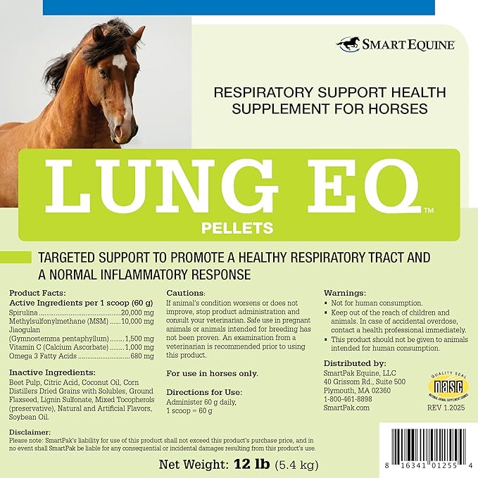 Uckele by SmartEquine Lung EQ Pellets for Innovated Respiratory Support | Horse Health | Spirulina for Horses with Antioxidants, Herbs, Minerals | Equine Pellet for Respiratory Support | 12 LB