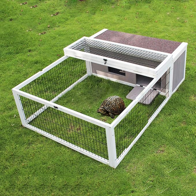 Tortoise House Habitat Wooden, Chicken Coop with Run Rabbit Hutch Small Animal Hutch Enclosure Indoor/Outdoor-Grey + White Trim