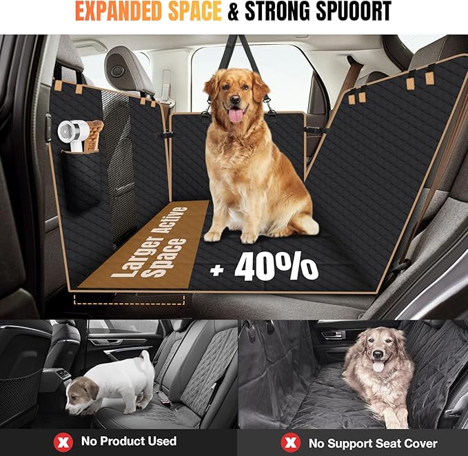 Dog Car Seat Cover for Back Seat, Dog Car Bed Cover with Strong Hard Bottom 4 Panels, Back Seat Extender Hammock for Cars SUV Truck Black Color