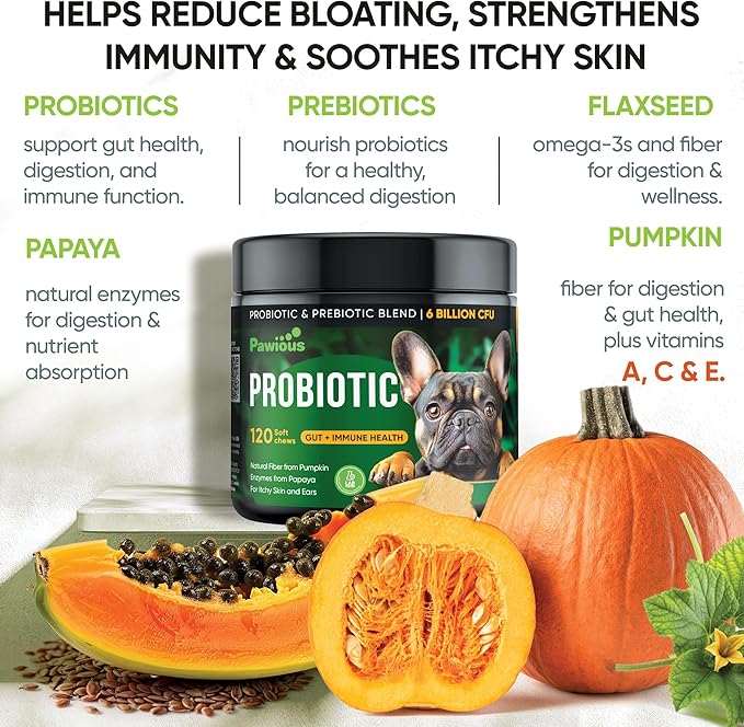 Probiotics for Dogs - Digestive Enzymes Gut Flora, Digestive Health, Immune System - Diarrhea Support, Itchy Skin, Allergies - Pumpkin, Flaxseed Meal, Papaya Powder - Probiotic Chews for Dogs