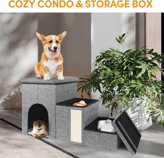 petizer Dog Stairs for Small Dogs, Foldable Pet Stairs for Couch/Bed with Storage Box, Condo and Cat Scratcher, Adjustable Non-Slip Dog Steps for Puppy, Cats, or Small (3-Step,17" H)