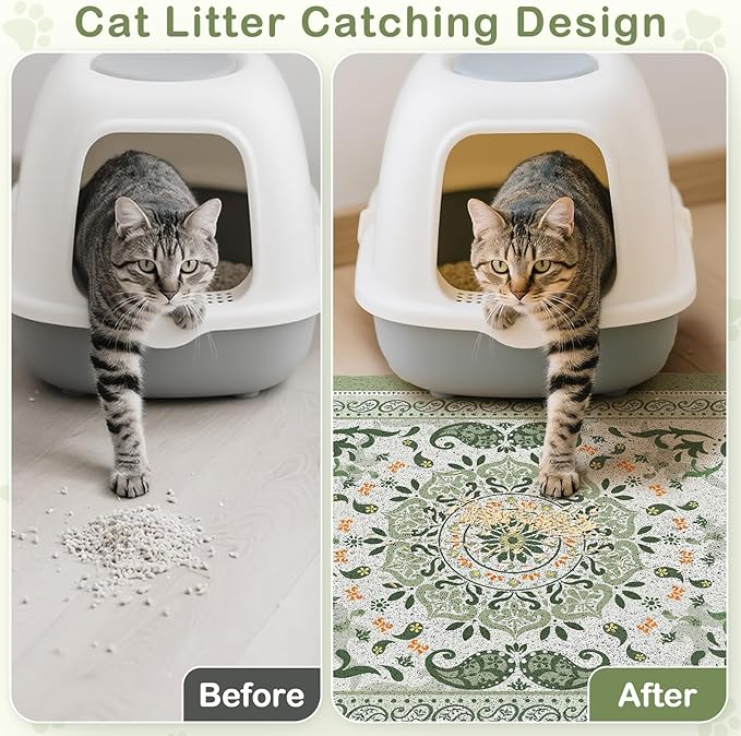 Unicorn Catcher Cat Litter Mat 24" x 15" Non-Slip Litter Box Mat Washable Litter Catcher Mat for Litter Box Indoor Food Mat Supplies Essentials, Green Mandala