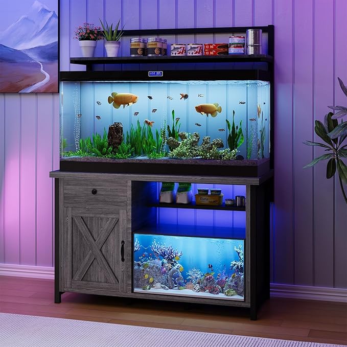 4ever2buy 55-75 Gallon Fish Tank Stand with Power Outlet, Led Light, Heavy Duty Aquarium Stand with Cabinet for Fish Tank Accessories Storage, Shelf, for Turtle Tank, Reptile Terrarium, 1100 LBS, Gray