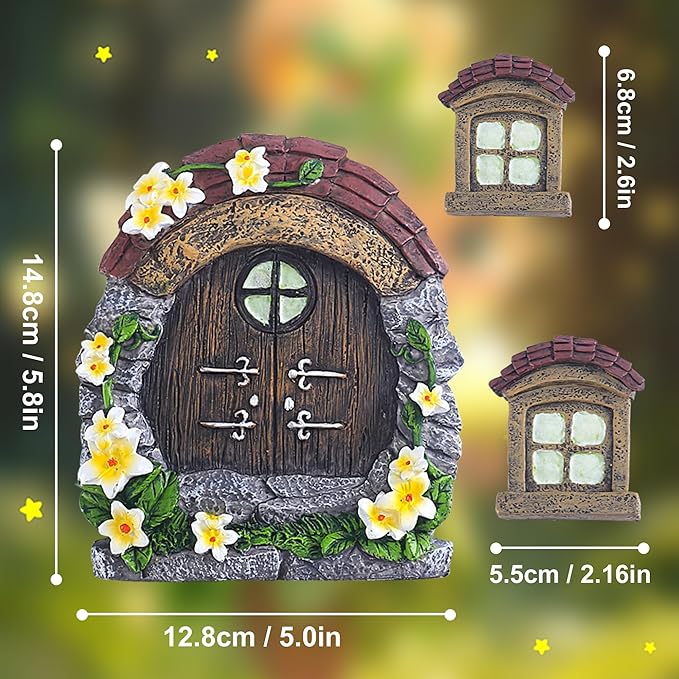 Attivolife Fairy Door and Window for Tree Glow in The Dark - Outdoor Miniature Fairy Garden Decor Weatherproof Resin Treehouse Yard Art Accessories Sculpture for Tree Trunks Fairy House Kit for Gnome