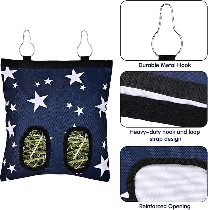 Upgraded Rabbits Hay Feeder Bag for Bunny, Guinea Pigs, Chinchillas - Hanging Washable 2-Hole Hay Dispenser with 600D Oxford Fabric, Small Animal Cage Accessories (Star+Daisy)