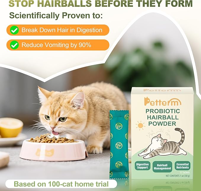 Hairball Remedy Treats Cat Furball Treatment Powder for Cats Natural Hairball Control Supplement with Slippery Elm Marshmallow Root Psyllium Husk 6 Billion Probiotics Digestive Support