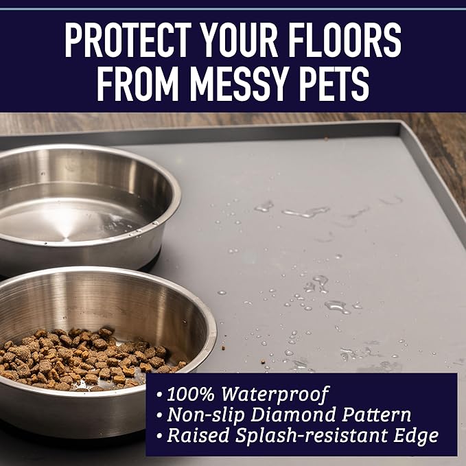 Leash Boss Silicone Pet Food Mat for Dogs & Cats - XL 25 x 17 in, Black - Non-Slip Waterproof Raised Edge Dog & Cat Bowl Mat Dishwasher Safe