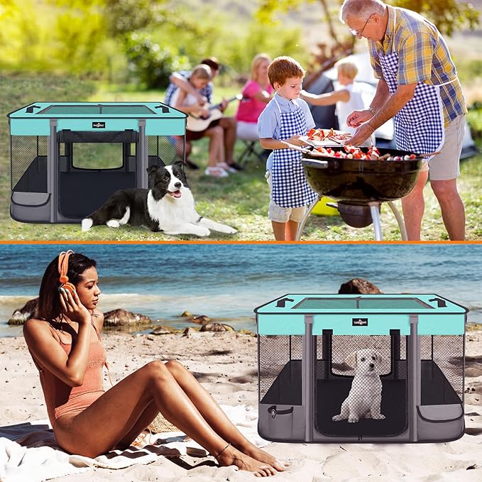 Foldable Pet Kitten Playpen, Waterproof Portable Cat Dog Playpen Kennel Tent for Small Dog Cat, Retractable Shade Cover, Come with Free Carrying Case, Indoor Outdoor Use for Small Animals, BlackTeal