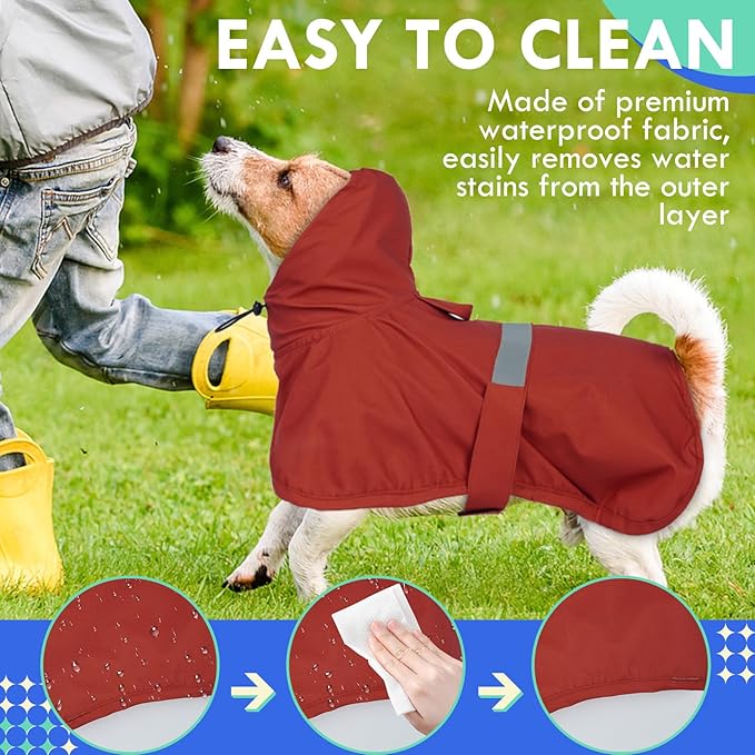 MIGOHI Dog Rain Jacket, Reflective Rain Coat for Medium Dogs | Adjustable Hind Leg Straps Rainproof, Waterproof & Windproof Coat for Rainy Days, Dog Poncho with Back Leash Hole, Red, 2XL