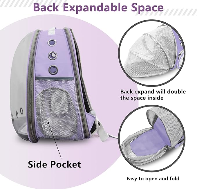Cat Backpack Carrier Bubble Expandable Foldable Breathable Pet Carrier Dog Carrier Backpack for Large Big Cats Hiking, Travelling, Camping (Back Expandable-Purple)