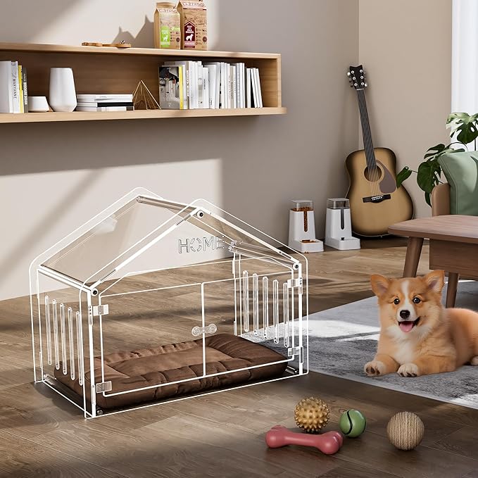 Acrylic Dog House Indoor.Clear Dog Crate for Small Dogs, Modern Indoor Dog Kennel for Most Small Dog Cat Pet (Clear, 15.7 * 21.5 * 27 inch)
