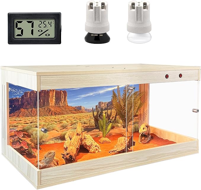 Royxen Tempered Glass Reptile Tank 33 Gallon, Reptile Enclosure with Metal Mesh Top and Lockable Design, Bearded Dragon Tank for Lizard Habitat, 32"x16"x16", Oak