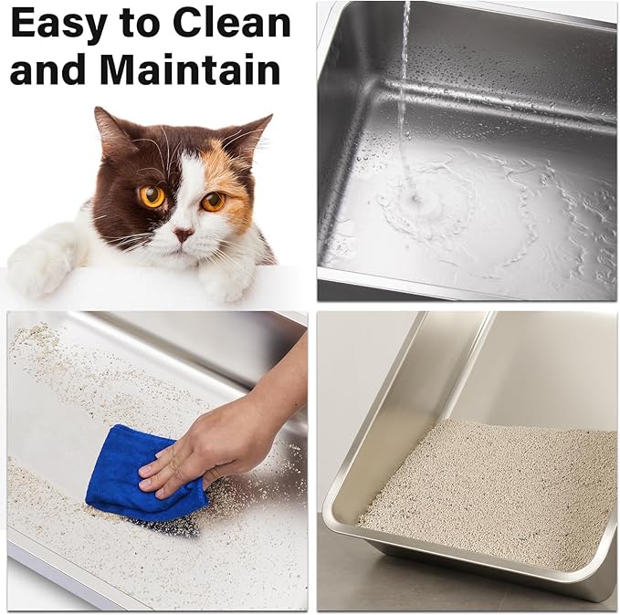 Stainless Steel Litter Box,15.7"×11.8"×4" Metal Cat Litter Box,Small Litterbox for Kitten,Rabbit,Guinea Pigs,Non Stick, No Smell, Easy to Clean
