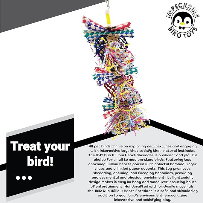 1042 Duo Willow Heart Shredder Bird Toy – Willow, Crinkle Paper & Finger Traps for Shredding & Foraging – Handcrafted by Us – Great for Conures, Greys & Medium to Large Size Birds