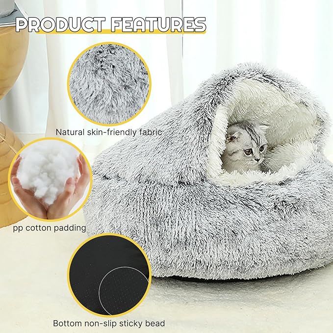 Calming Self Warming Kitten Bed, Round Hooded Cat Cave Indoor Puppy Sleeping Faux Fur Warm Soft Plush Donut Cuddler, Non-Slip Bottom Cat Cushion, Machine Washable