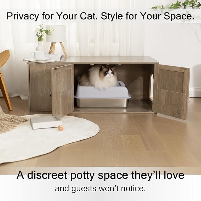Wooden Cat Litter Box Enclosure with Storage Compartment with Adjustable Divider, Hidden Litter Box Furniture and Hall Table, Cat Box Enclosure, 42.5''L*18.5W*16.9H (Light Oak, Plain)