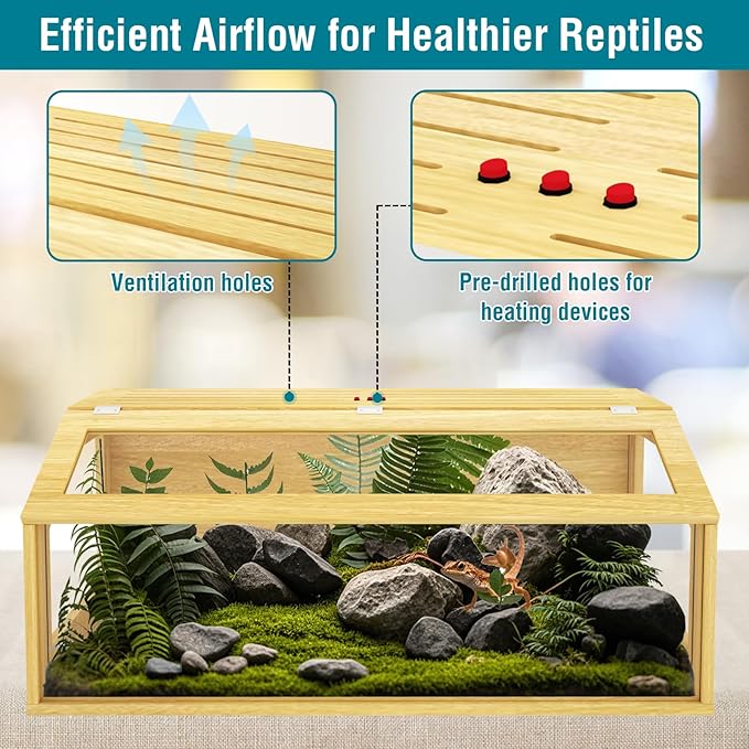 75 Gallon Reptile Tank, Wooden Bearded Dragon Terrarium Tank with Top Ventilation, Large Reptile Enclosure for Snake, Lizard, and Leopard Gecko, Includes Feeding Tongs, 48" L x 20" W x 20" H