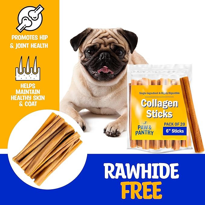 Paw & Pantry 6" Beef Collagen Sticks for Dogs (20 Pk) - Rawhide Free, All Natural Collagen Chews - Long Lasting Dog Treats Promote Hip, Joint, Skin, Coat & Dental Health