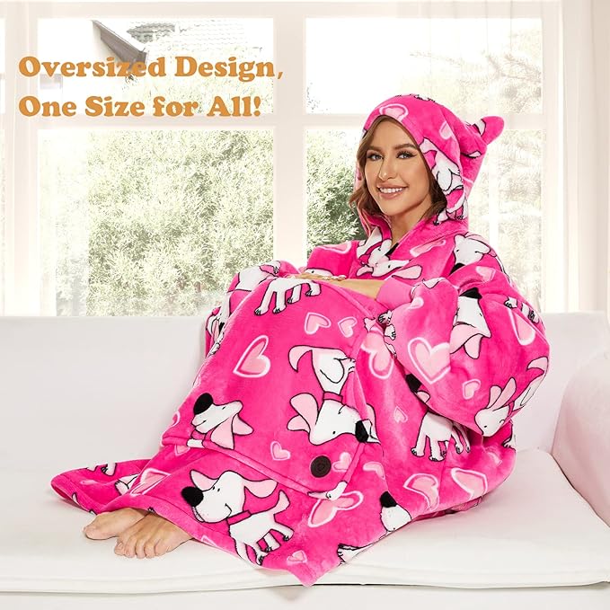 THREE POODLE Wearable Blanket Hoodie for Women, Oversized Sherpa Sweatshirt Blanket for Adults Men, Cozy Dog Hooded Blankets, Gifts for Teen Girls Women Mom Sister