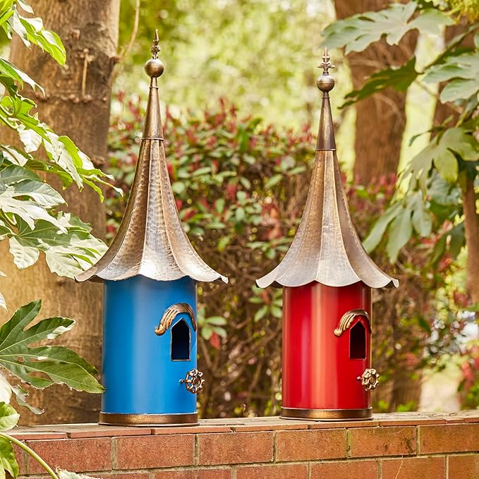 Glitzhome 32”H Metal Hanging Birdhouse for Outdoors Oversized Farmhouse Pagoda Painted Bird House with Bronze Roof for Bluebird Wren Chickadee Sparrow Bird Nest Box for Garden Patio, Retro Red