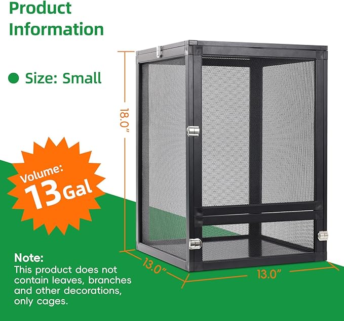 13 Gal Detachable and Foldable Reptile Butterfly Cage Terrarium, 360° Observation, Airflow, Interaction in Gecko Tank for Crested Geckos, Leopard Geckos, Chameleons, Bearded Dragons