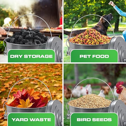 Plexon 6 Gallon Small Metal Trash Can with Lid Outdoor Galvanized Metal Bucket with Locking Lid for Poultry Feed Bird Seed Storage Ash Garbage Trash Bin