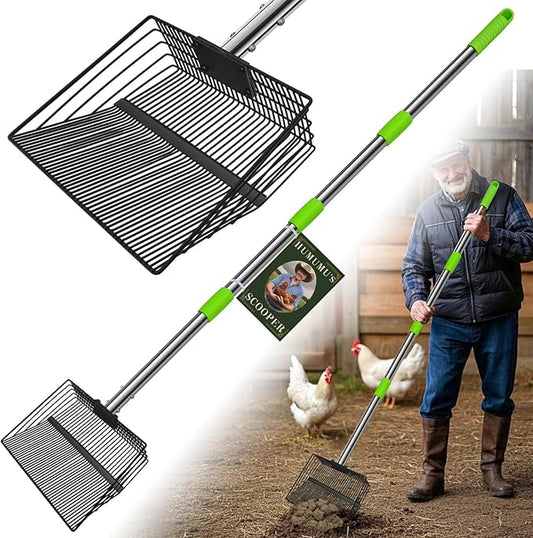12inch Large Chicken Poop Scooper,2 Widths of Slots Litter Sifting Shovel (23 to 66"),Chicken Coop Litter Scoop with Stainless Steel Handle, 4 in 1 Multifunctional Heavy Duty Chicken Coop Accessories