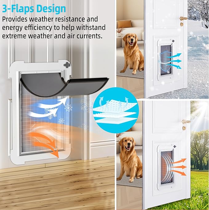 3-Flap Medium Dog Door for Door with Metal Sliding Lock Panel, Energy Efficient Pet Door with Steel Frame, Telescoping Tunnel,Never Rust Ruff Weather Doggie Door (Pets Up to 40 Lb)