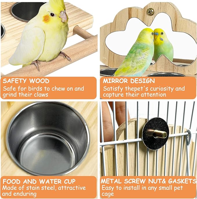 Tfwadmx Bird Parrot Wooden Feeding Cups, Small Bird Feeding Dish Cups Stainless Steel Birds Bowls Food Water Bowls with Food Holder for Cockatiel Parakeet Macaw Finches Lovebirds