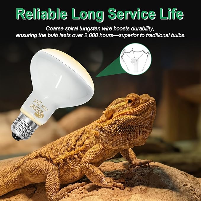 Pack of 2 Reptile Basking Light Bulbs - Incandescent 100W Simulated Sunlight UVA Heat Bulbs for Bearded Dragons, Geckos, Iguanas, Lizards, Amphibians & Small Pets
