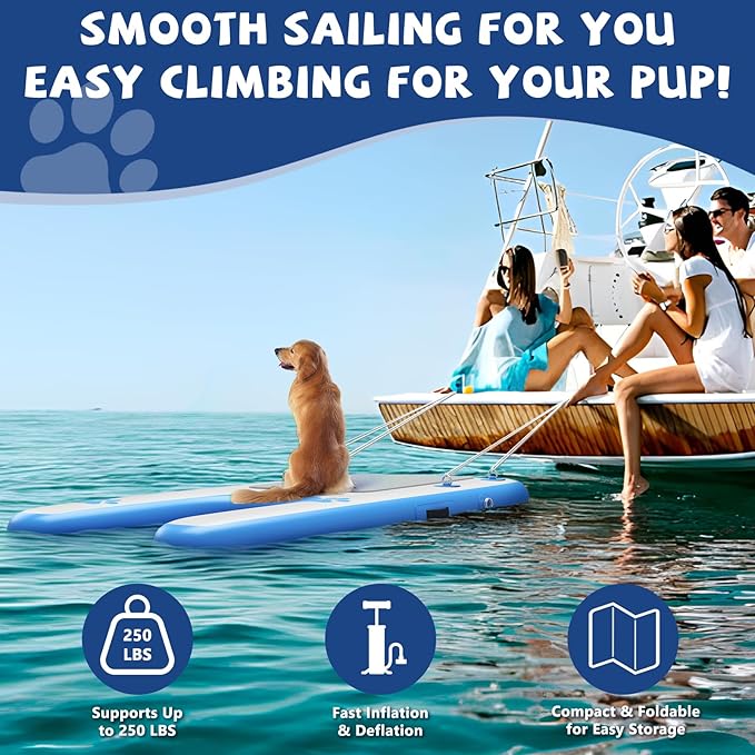 Dog Boat Ramp - Inflatable Dog Pool Ramp for Boat (60" x 35.5"), Non-Slip Water Ladder for Dock, for Pets Up to 250 lbs, Easy Access from Swim Platform, Pool or Floating Docks for Lakes, Blue