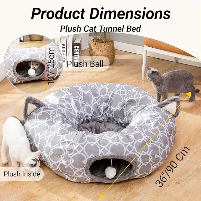 LUCKITTY Geometric Cat Tunnel Bed Under Christmas Tree Oxford Outside with Plush Inside,Cats Toys Collapsible Tunnel Tube with Balls, for Rabbits, Kittens, Ferrets,Puppy 3FT
