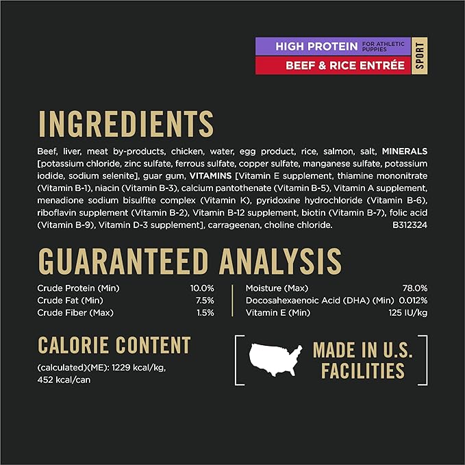 Purina Pro Plan Sport High Protein Wet Puppy Food Beef and Rice Entree and Chicken and Rice Entree Variety Pack - (Pack of 12) 13 oz. Cans