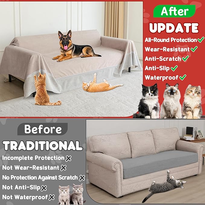 Living Room High Stretch Sofa Cover Pets Dogs Friendly, Cat Scratch Furniture Protector - Anti-Slip, Waterproof Sofa Cover to Keep Cats Off, Anti-Scratch Couch Cover for Pets and Kids 150"X91"Khaki