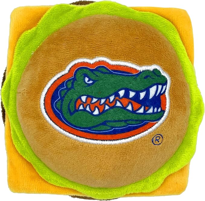 NCAA Florida Gators Cheeseburger Plush Dog & CAT Squeak Toy- Cutest Stadium Hamburger Snack Plush Toy for Dogs & Cats with Inner Squeaker & Beautiful Football/Basketball Team Name/Logo