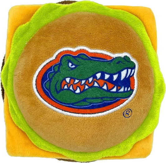 NCAA Florida Gators Cheeseburger Plush Dog & CAT Squeak Toy- Cutest Stadium Hamburger Snack Plush Toy for Dogs & Cats with Inner Squeaker & Beautiful Football/Basketball Team Name/Logo