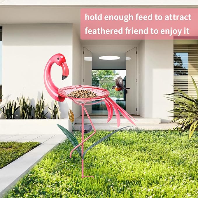 VCUTEKA Glass Bird Bath Outdoor Solar BirdBath Bird Feeder with Metal Stake Garden Decor, Flamingo