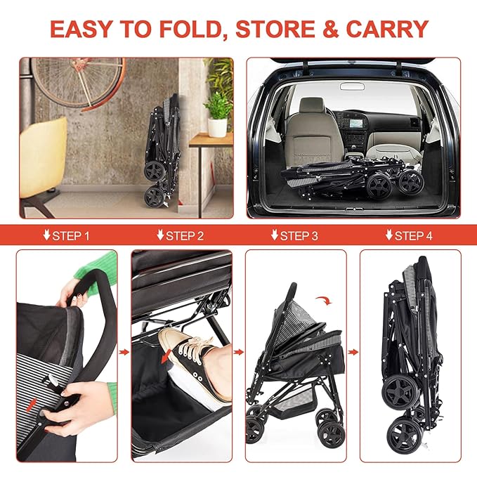 Dog Stroller for Large Medium Dogs & Cats with Reversible Handle, Foldable Pet Stroller Travel Carriage with Large Storage Basket, Black