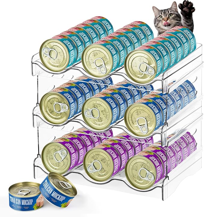 REFLYING Cat Food Can Organizer, 3-Layer Transparent Cat Food Storage Container Holds 54 (3.5oz) Cans, Canned Cat Food Organizer and Storage for Countertop Kitchen Cabinet or Pantry Shelf(3 Layer)