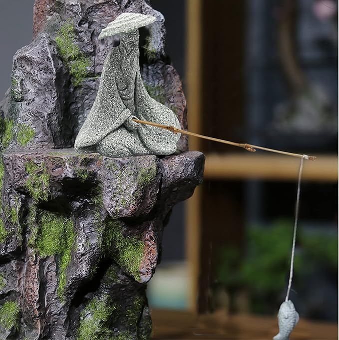 2PCS Mini Sitting Fishing Figurines Sandstone Vintage Ornament Japanese Decor for Fish Tank Pot Garden Home Aquarium Mini Fisherman Statue Asian Zen Decorations